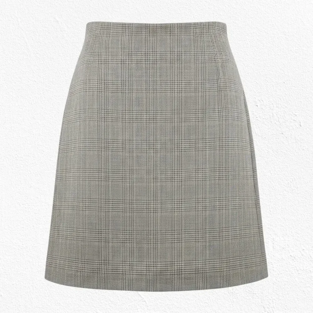Halston Gray Tan Glen Check Wool Plaid Tailored Straight A-Line Skirt Size 10